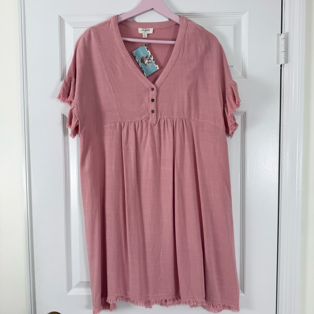 Umgee Dusty Rose V-Neck Short Sleeve Babydoll Dress